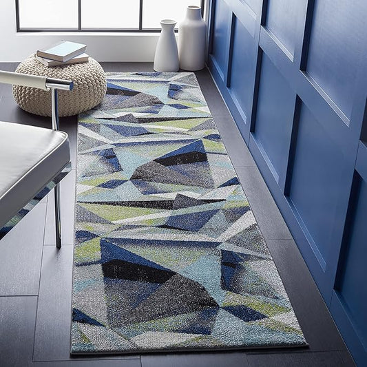 SAFAVIEH Porcello Collection Runner Rug - 2'3" x 16', Grey & Blue, Modern Abstract Design, Non-Shedding & Easy Care, Ideal for High Traffic Areas in Living Room, Bedroom (PRL6940G)