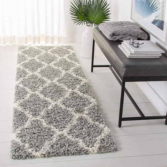 SAFAVIEH Dallas Shag Collection 2'3" x 8' Grey/Ivory SGDS257G Trellis Non-Shedding Living Room Bedroom Dining Room Entryway Plush 1.5-inch Thick Runner Rug