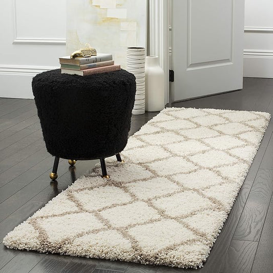 SAFAVIEH Hudson Shag Collection Runner Rug - 2'3" x 6', Ivory & Beige, Moroccan Trellis Design, Non-Shedding & Easy Care, 2-inch Thick Ideal for High Traffic Areas in Living Room, Bedroom (SGH283D)