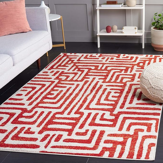 SAFAVIEH Amsterdam Collection Area Rug - 6'7" x 9'2", Ivory & Terracotta, Modern Abstract Design, Non-Shedding & Easy Care, Ideal for High Traffic Areas in Living Room, Bedroom (AMS106B)