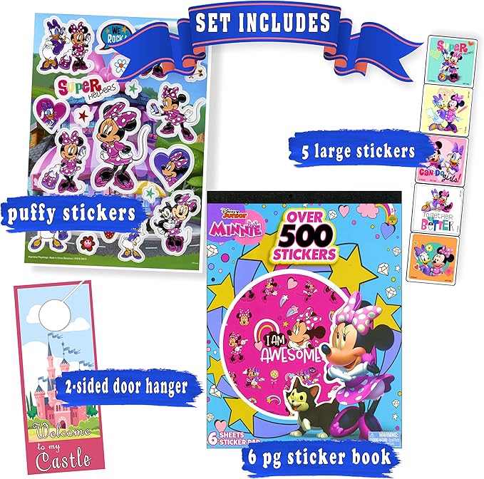 Disney Minnie Mouse Stickers Activity Bundle - Set Includes Minnie Mouse Sticker Pad, Minnie Mouse Reward Stickers, Minnie Mouse Puffy Stickers, and Castle Door Hanger