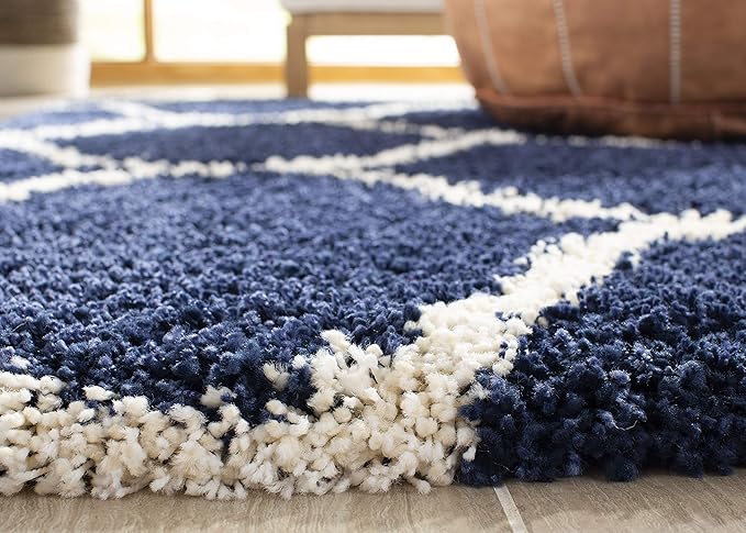 SAFAVIEH Hudson Shag Collection 5' Square Navy/Ivory SGH280C Moroccan Ogee Trellis Non-Shedding Living Room Bedroom Dining Room Entryway Plush 2-inch Thick Area Rug