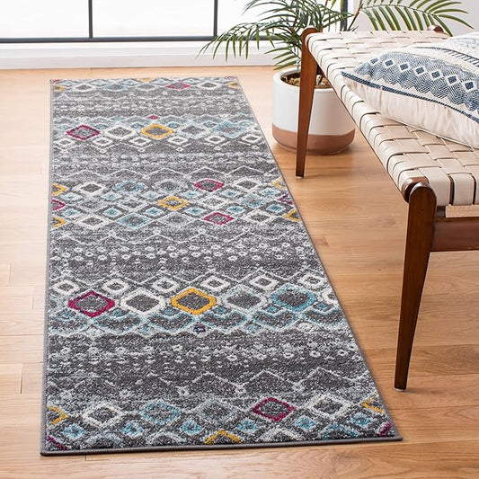 SAFAVIEH Amsterdam Collection Runner Rug - 2'3" x 6', Dark Grey & Ivory, Moroccan Boho Design, Non-Shedding & Easy Care, Ideal for High Traffic Areas in Living Room, Bedroom (AMS108H)