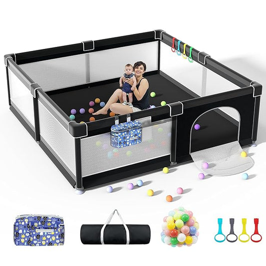 LUTIKIANG Playpen, 79" X 71" Extra Large Playpen, Play Pen for Babies and Toddlers, Kids Play Pen, Sturdy Safety Play Yard, Baby Fence with gate, Play Pin for Toddler (Black)