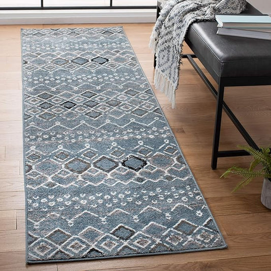 SAFAVIEH Amsterdam Collection Runner Rug - 2'3" x 12', Blue & Ivory, Moroccan Boho Design, Non-Shedding & Easy Care, Ideal for High Traffic Areas in Living Room, Bedroom (AMS108L)