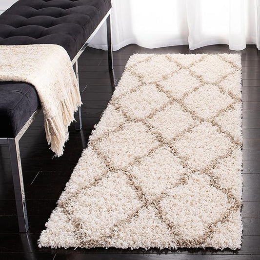 SAFAVIEH Dallas Shag Collection Runner Rug - 2'3" x 12', Ivory & Beige, Trellis Design, Non-Shedding & Easy Care, 1.5-inch Thick Ideal for High Traffic Areas in Living Room, Bedroom (SGDS257B)
