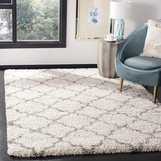 SAFAVIEH Hudson Shag Collection Accent Rug - 4' x 6', Ivory & Grey, Trellis Design, Non-Shedding & Easy Care, 2-inch Thick Ideal for High Traffic Areas in Entryway, Living Room, Bedroom (SGH282A)