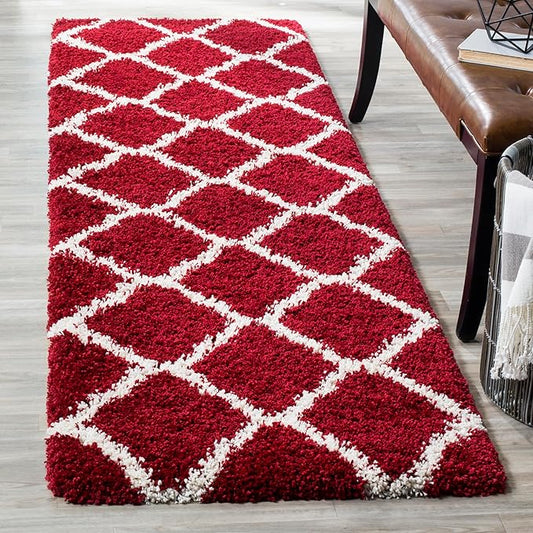 SAFAVIEH Hudson Shag Collection Runner Rug - 2'3" x 8', Red & Ivory, Moroccan Trellis Design, Non-Shedding & Easy Care, 2-inch Thick Ideal for High Traffic Areas in Living Room, Bedroom (SGH283R)