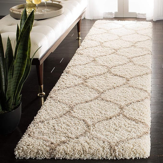 SAFAVIEH Hudson Shag Collection Runner Rug - 2'3" x 10', Ivory & Beige, Trellis Design, Non-Shedding & Easy Care, 2-inch Thick Ideal for High Traffic Areas in Living Room, Bedroom (SGH280D)
