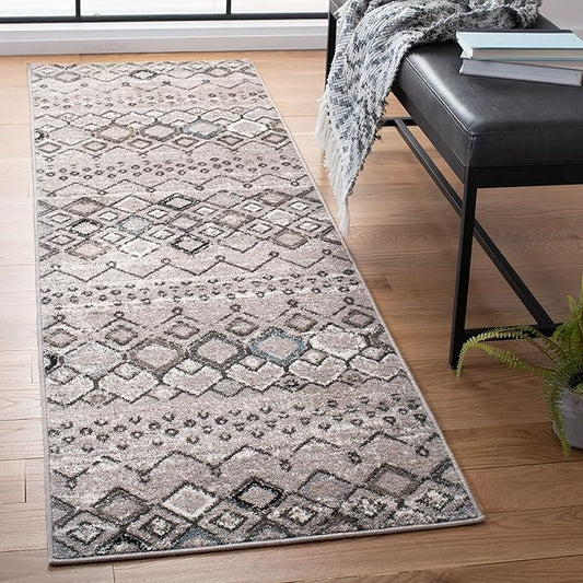 SAFAVIEH Amsterdam Collection Runner Rug - 2'3" x 22', Light Grey & Brown, Moroccan Boho Design, Non-Shedding & Easy Care, Ideal for High Traffic Areas in Living Room, Bedroom (AMS108F)