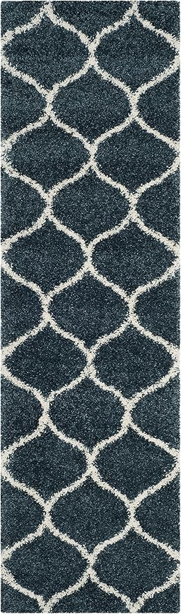 SAFAVIEH Hudson Shag Collection Runner Rug - 2'3" x 8', Slate Blue & Ivory, Trellis Design, Non-Shedding & Easy Care, 2-inch Thick Ideal for High Traffic Areas in Living Room, Bedroom (SGH280L)