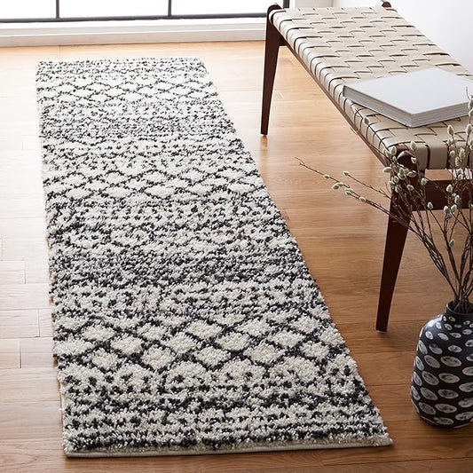 SAFAVIEH Arizona Shag Collection Runner Rug - 2'3" x 8', Ivory & Black, Moroccan Design, Non-Shedding & Easy Care, 1.6-inch Thick Ideal for High Traffic Areas in Living Room, Bedroom (ASG741Z)