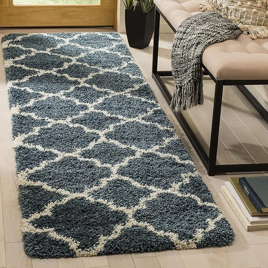 SAFAVIEH Hudson Shag Collection Runner Rug - 2'3" x 14', Slate Blue & Ivory, Trellis Design, Non-Shedding & Easy Care, 2-inch Thick Ideal for High Traffic Areas in Living Room, Bedroom (SGH282L)