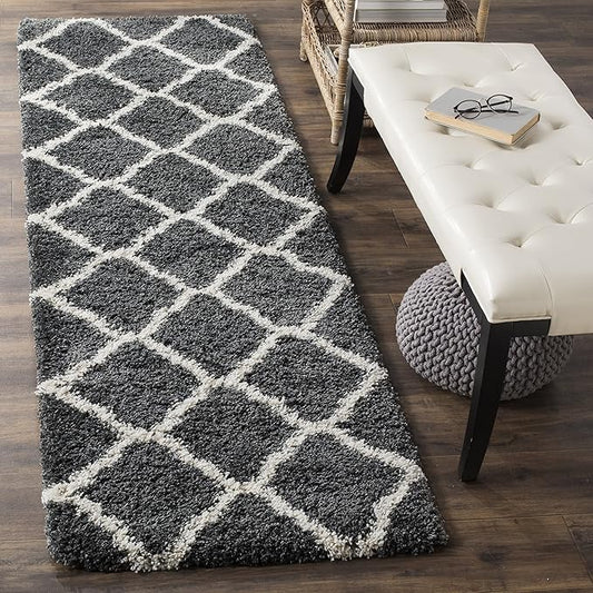 SAFAVIEH Hudson Shag Collection Runner Rug - 2'3" x 8', Dark Grey & Ivory, Moroccan Trellis, Non-Shedding & Easy Care, 2-inch Thick Ideal for High Traffic Areas in Living Room, Bedroom (SGH283G)
