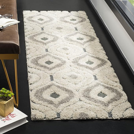 SAFAVIEH Florida Shag Collection 2'3" x 7' Cream / Light Blue SG461 Modern Ogee Non-Shedding Living Room Bedroom Dining Room Entryway Plush 1.2-inch Thick Runner Rug