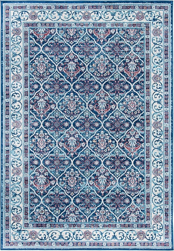 SAFAVIEH Brentwood Collection 5'3" x 7'6" Navy / Red BNT870N Oriental Damask Trellis Non-Shedding Living Room Bedroom Dining Home Office Area Rug
