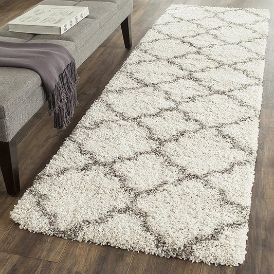 SAFAVIEH Hudson Shag Collection Runner Rug - 2'3" x 18', Ivory & Grey, Moroccan Trellis Design, Non-Shedding & Easy Care, 2-inch Thick Ideal for High Traffic Areas in Living Room, Bedroom (SGH282A)