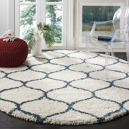 SAFAVIEH Hudson Shag Collection 5' Round Ivory / Slate Blue SGH280T Moroccan Ogee Trellis Non-Shedding Living Room Bedroom Dining Room Entryway Plush 2-inch Thick Area Rug