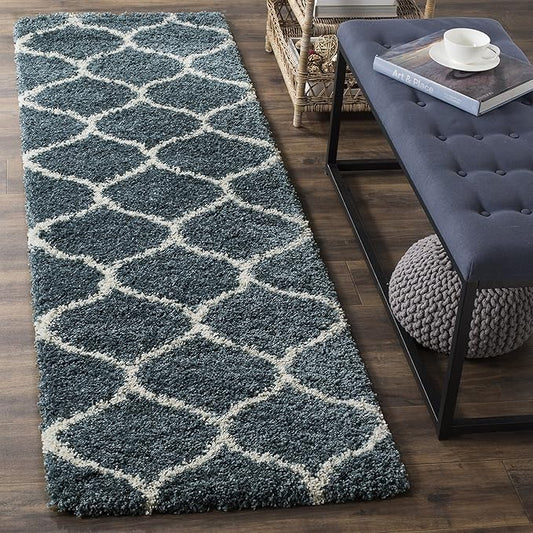 SAFAVIEH Hudson Shag Collection Runner Rug - 2'3" x 6', Slate Blue & Ivory, Trellis Design, Non-Shedding & Easy Care, 2-inch Thick Ideal for High Traffic Areas in Living Room, Bedroom (SGH280L)
