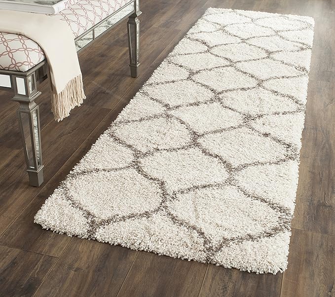 SAFAVIEH Hudson Shag Collection Runner Rug - 2'3" x 22', Ivory & Grey, Moroccan Trellis Design, Non-Shedding & Easy Care, 2-inch Thick Ideal for High Traffic Areas in Living Room, Bedroom (SGH280A)