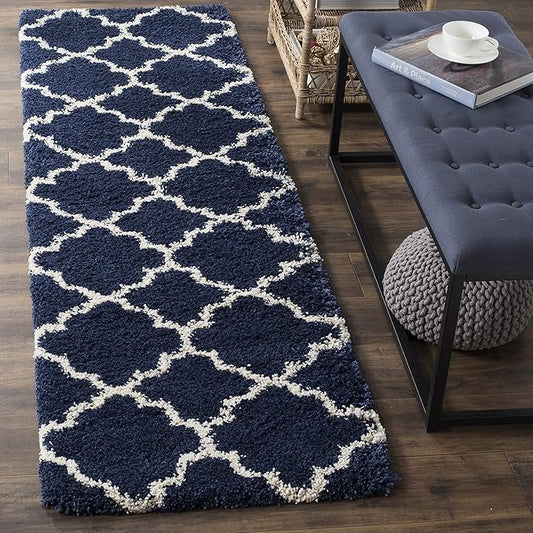 SAFAVIEH Hudson Shag Collection Runner Rug - 2'3" x 10', Navy & Ivory, Moroccan Trellis Design, Non-Shedding & Easy Care, 2-inch Thick Ideal for High Traffic Areas in Living Room, Bedroom (SGH282C)