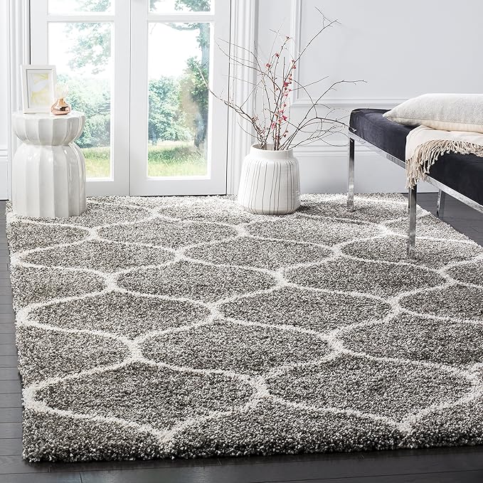SAFAVIEH Hudson Shag Collection 9' Square Grey/Ivory SGH280B Moroccan Ogee Trellis Non-Shedding Living Room Bedroom Dining Room Entryway Plush 2-inch Thick Area Rug