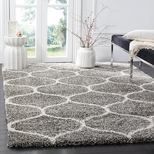 SAFAVIEH Hudson Shag Collection 9' Square Grey/Ivory SGH280B Moroccan Ogee Trellis Non-Shedding Living Room Bedroom Dining Room Entryway Plush 2-inch Thick Area Rug