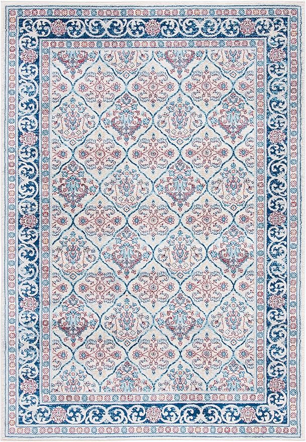 SAFAVIEH Brentwood Collection 8' x 10' Beige / Navy BNT870B Oriental Damask Trellis Non-Shedding Living Room Bedroom Dining Home Office Area Rug