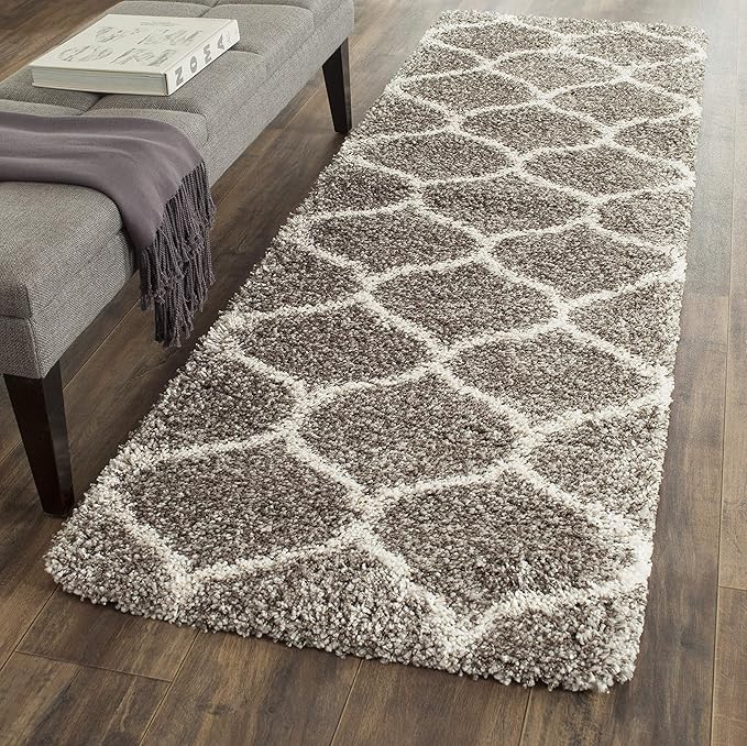SAFAVIEH Hudson Shag Collection Runner Rug - 2'3" x 8', Grey & Ivory, Moroccan Trellis Design, Non-Shedding & Easy Care, 2-inch Thick Ideal for High Traffic Areas in Living Room, Bedroom (SGH280B)