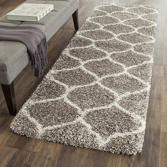 SAFAVIEH Hudson Shag Collection Runner Rug - 2'3" x 8', Grey & Ivory, Moroccan Trellis Design, Non-Shedding & Easy Care, 2-inch Thick Ideal for High Traffic Areas in Living Room, Bedroom (SGH280B)