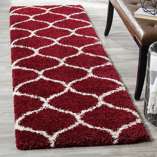 SAFAVIEH Hudson Shag Collection Runner Rug - 2'3" x 14', Red & Ivory, Moroccan Trellis Design, Non-Shedding & Easy Care, 2-inch Thick Ideal for High Traffic Areas in Living Room, Bedroom (SGH280R)