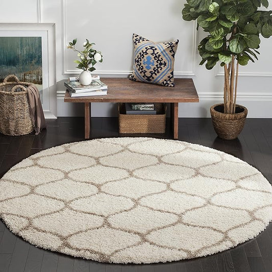 SAFAVIEH Hudson Shag Collection 9' Round Ivory/Beige SGH280D Moroccan Ogee Trellis Non-Shedding Living Room Bedroom Dining Room Entryway Plush 2-inch Thick Area Rug