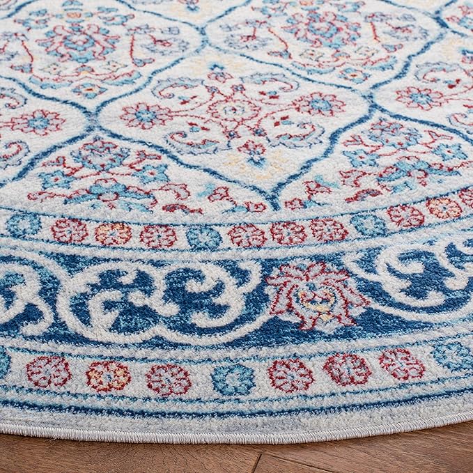 SAFAVIEH Brentwood Collection 6'7" Round Beige / Navy BNT870B Oriental Damask Trellis Non-Shedding Dining Room Entryway Foyer Living Room Bedroom Area Rug