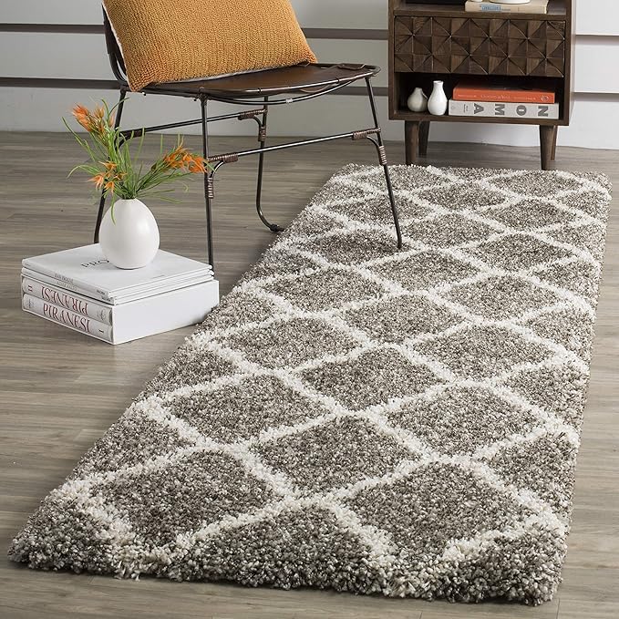 SAFAVIEH Hudson Shag Collection Runner Rug - 2'3" x 8', Grey & Ivory, Moroccan Trellis Design, Non-Shedding & Easy Care, 2-inch Thick Ideal for High Traffic Areas in Living Room, Bedroom (SGH283B)