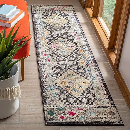 SAFAVIEH Madison Collection Runner Rug - 2' x 8', Black & Yellow, Boho Diamond Distressed Design, Non-Shedding & Easy Care, Ideal for High Traffic Areas in Living Room, Bedroom (MAD418Z)