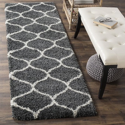 SAFAVIEH Hudson Shag Collection Runner Rug - 2'3" x 10', Dark Grey & Ivory, Trellis Design, Non-Shedding & Easy Care, 2-inch Thick Ideal for High Traffic Areas in Living Room, Bedroom (SGH280G)