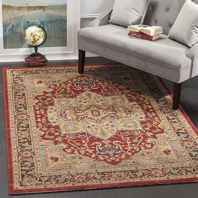 SAFAVIEH Mahal Collection Accent Rug - 4' x 5'7", Natural & Navy, Traditional Oriental Design, Non-Shedding & Easy Care, Ideal for High Traffic Areas in Entryway, Living Room, Bedroom (MAH625B)