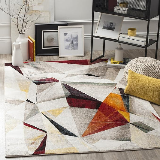 SAFAVIEH Porcello Collection Area Rug - 5'3" x 7'6", Light Grey & Orange, Modern Abstract Design, Non-Shedding & Easy Care, Ideal for High Traffic Areas in Living Room, Bedroom (PRL6940F)