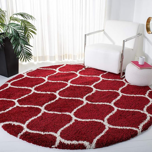 SAFAVIEH Hudson Shag Collection 5' Round Red / Ivory SGH280R Moroccan Ogee Trellis Non-Shedding Living Room Bedroom Dining Room Entryway Plush 2-inch Thick Area Rug