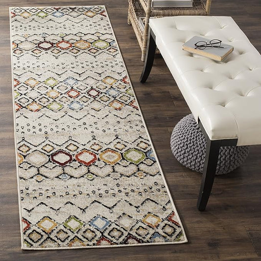 SAFAVIEH Amsterdam Collection Runner Rug - 2'3" x 16', Ivory & Multi, Moroccan Boho Design, Non-Shedding & Easy Care, Ideal for High Traffic Areas in Living Room, Bedroom (AMS108K)