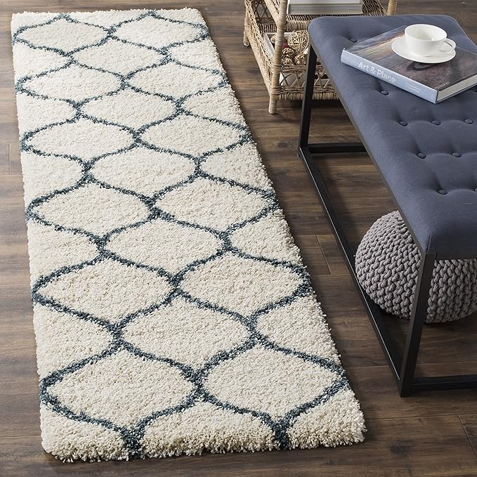 SAFAVIEH Hudson Shag Collection Runner Rug - 2'3" x 6', Ivory & Slate Blue, Trellis Design, Non-Shedding & Easy Care, 2-inch Thick Ideal for High Traffic Areas in Living Room, Bedroom (SGH280T)