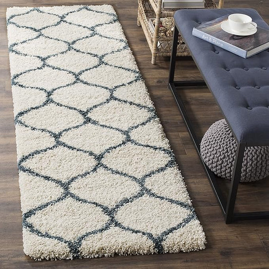 SAFAVIEH Hudson Shag Collection Runner Rug - 2'3" x 6', Ivory & Slate Blue, Trellis Design, Non-Shedding & Easy Care, 2-inch Thick Ideal for High Traffic Areas in Living Room, Bedroom (SGH280T)