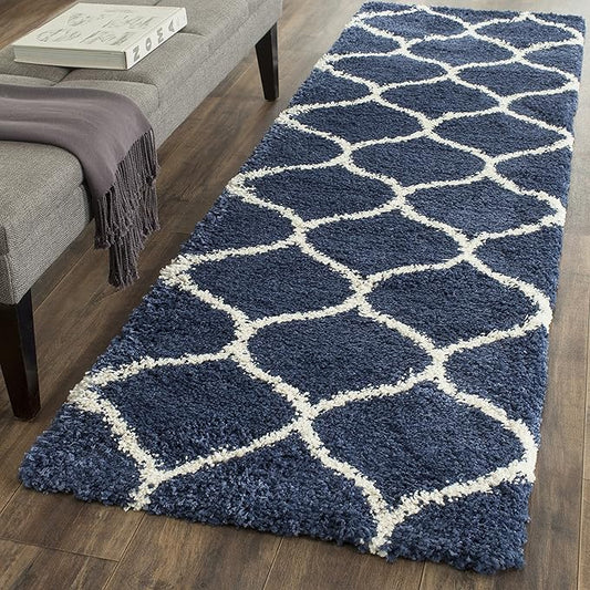 SAFAVIEH Hudson Shag Collection Runner Rug - 2'3" x 18', Navy & Ivory, Moroccan Trellis Design, Non-Shedding & Easy Care, 2-inch Thick Ideal for High Traffic Areas in Living Room, Bedroom (SGH280C)