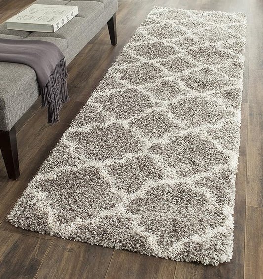 SAFAVIEH Hudson Shag Collection Runner Rug - 2'3" x 16', Grey & Ivory, Moroccan Trellis Design, Non-Shedding & Easy Care, 2-inch Thick Ideal for High Traffic Areas in Living Room, Bedroom (SGH282B)