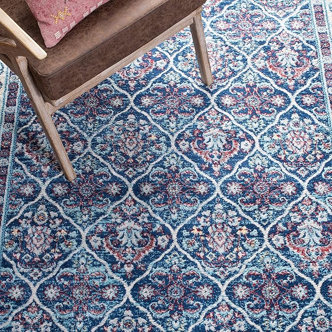 SAFAVIEH Brentwood Collection 5'3" x 7'6" Navy / Red BNT870N Oriental Damask Trellis Non-Shedding Living Room Bedroom Dining Home Office Area Rug